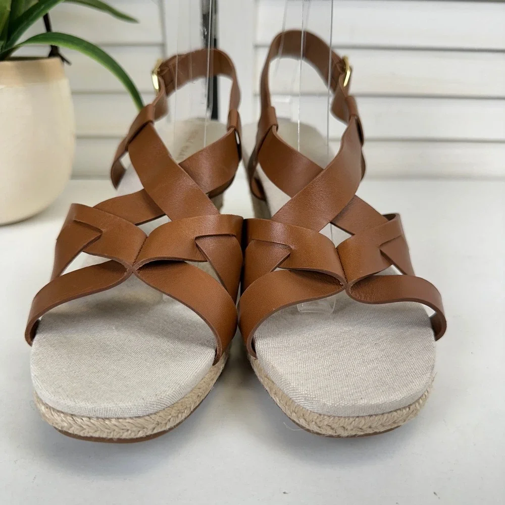 Cole Haan Crystal Wedge Sandal Tan Faux Leather Strappy‎ Espadrille Shoe Size 9B